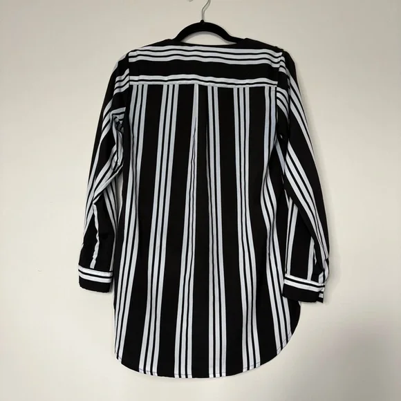 Stella Tweed High Low Black & White Striped Blouse Roll Tab Sleeve Size XS - Picture 2 of 9
